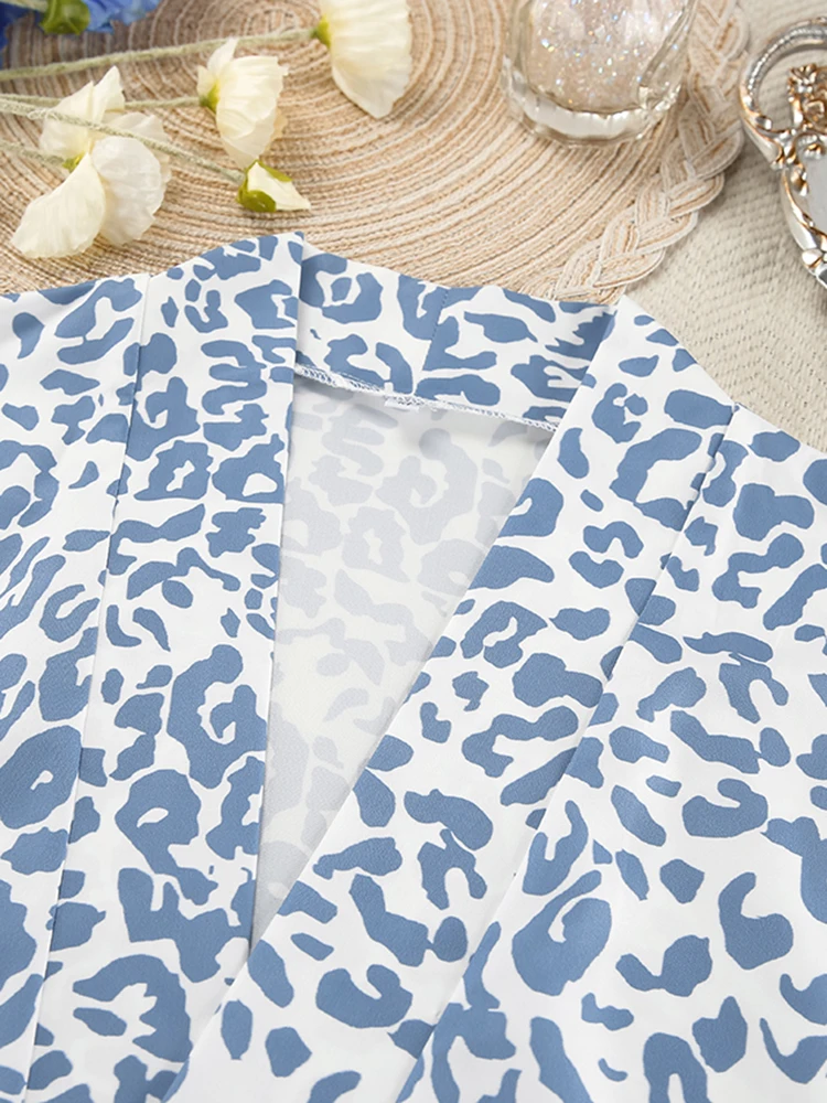 HiLoc Casual Blue Leopard Shorts Sets Pajamas 3 Pieces Fashion Loose Ruffled Long Sleeve Shirts Sexy Bra Party Shorts Sleepwears