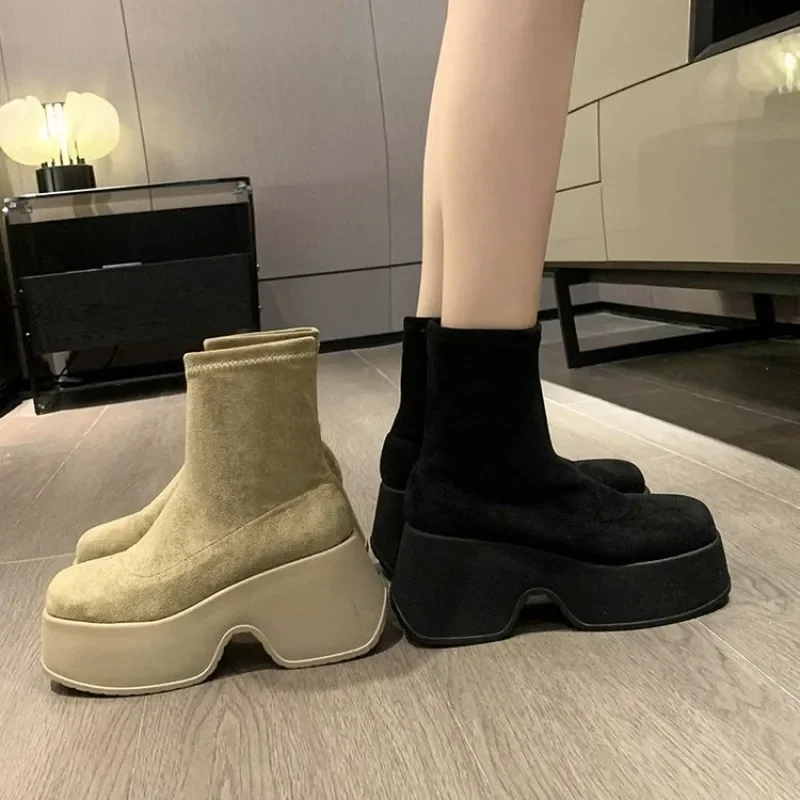 Autumn Women Platform Ankle Boots Suede Black Khaki Elastic Thin Boots Chunky High Heel Slip on Gothic Short Botas Femininas