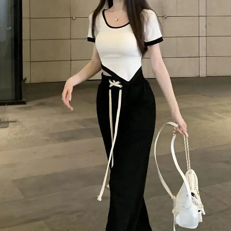 Summer New Spice Girls Fashion Casual Suit Women's Irregular Short Tops Coat High Waist Drawstring Wide Leg Pants Two Piece Set