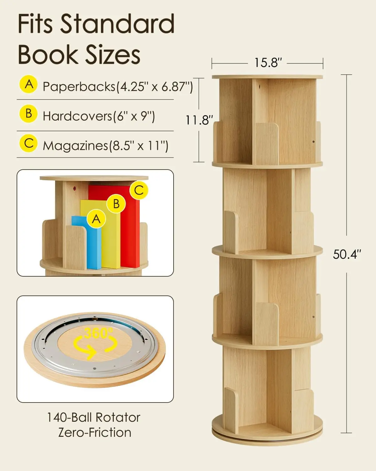 Rotating Bookshelf, Tall 4 Tier Rotating Spinning Bookshelf Tower, 360 Spinning Floor Standing Bookcase Storage Rack, Conner Rot