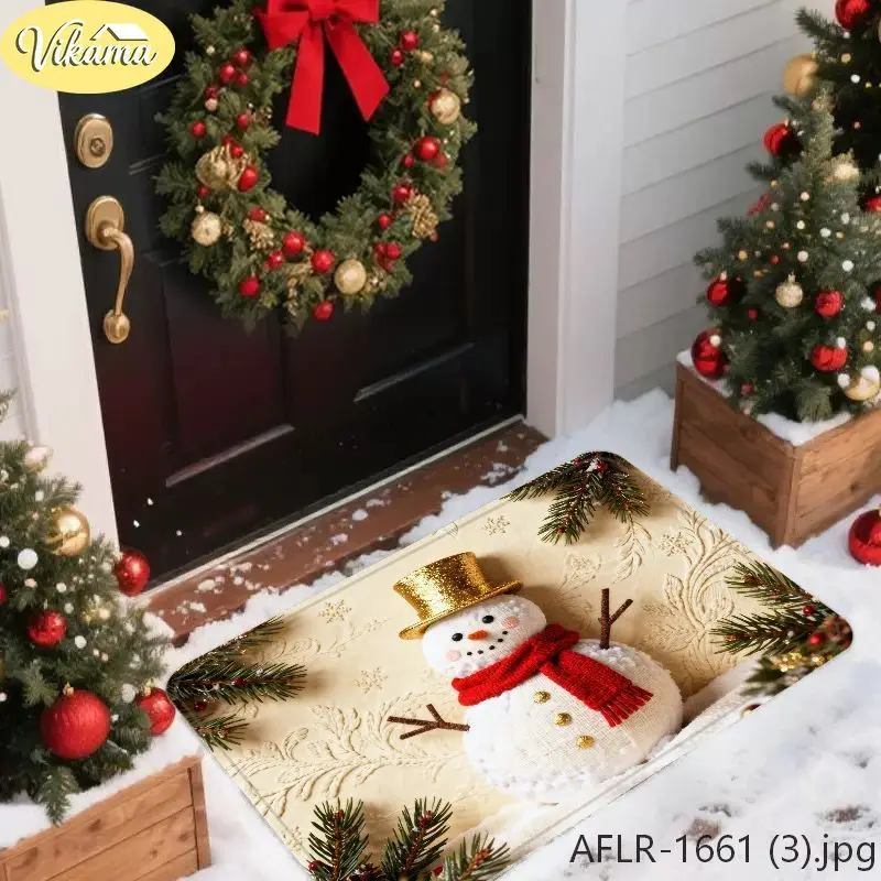 VIKAMA 3D Visual Christmas Snowman Doormat Beige Embossed Scarf Snowman Print Non-Slip Entry Mat, Winter Holiday Home Decor Gift