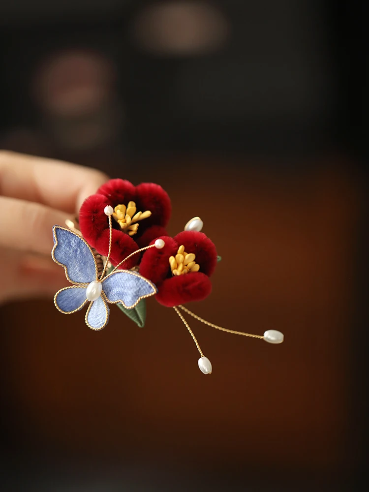 FXLRY Original Handmade Pearl Red Camellia Butterfly Hanfu Hairpin For Women Clip - Image 4