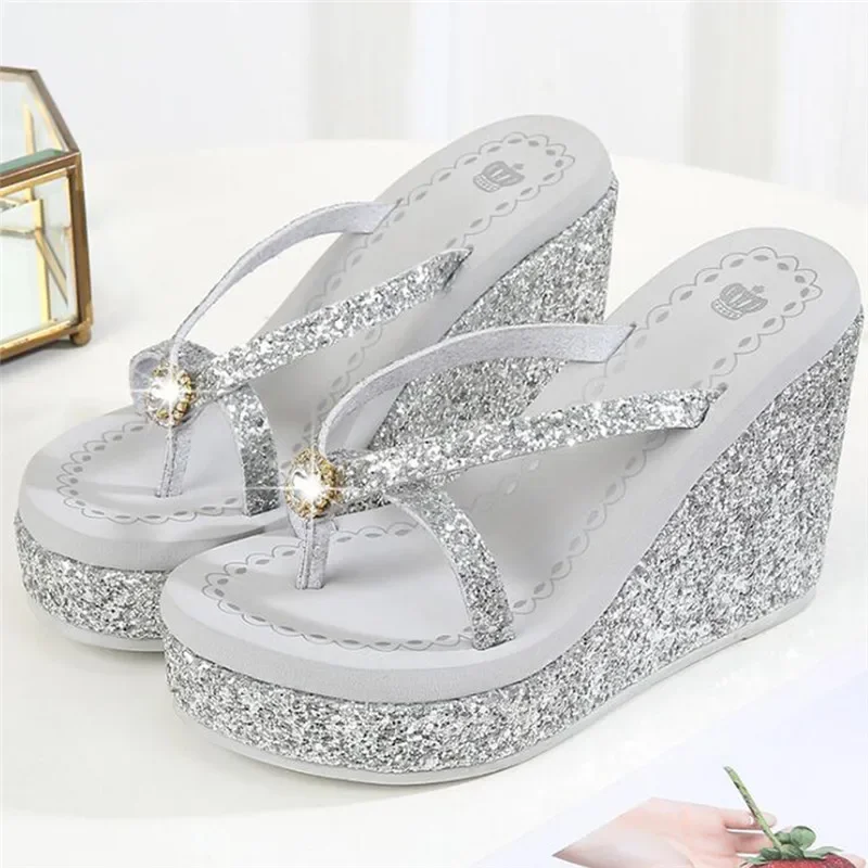 TIMETANGSummer platform women shoes beach sandals rhinestones sequins slope with flip flops breathable shiny wedges women