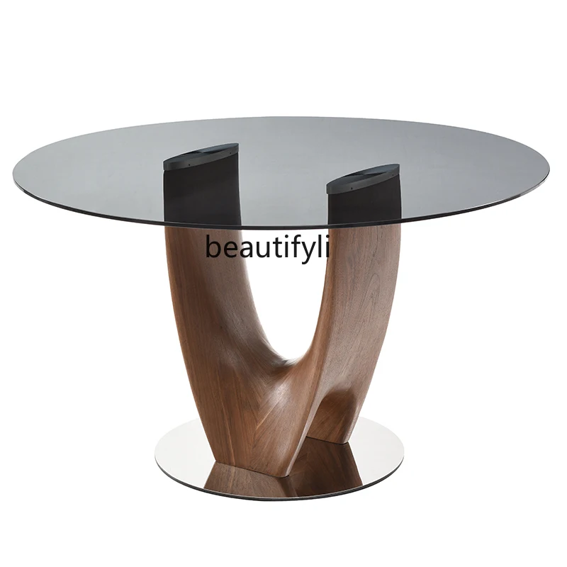 

Nordic slate glass creative walnut dining table home modern minimalist large round dining table