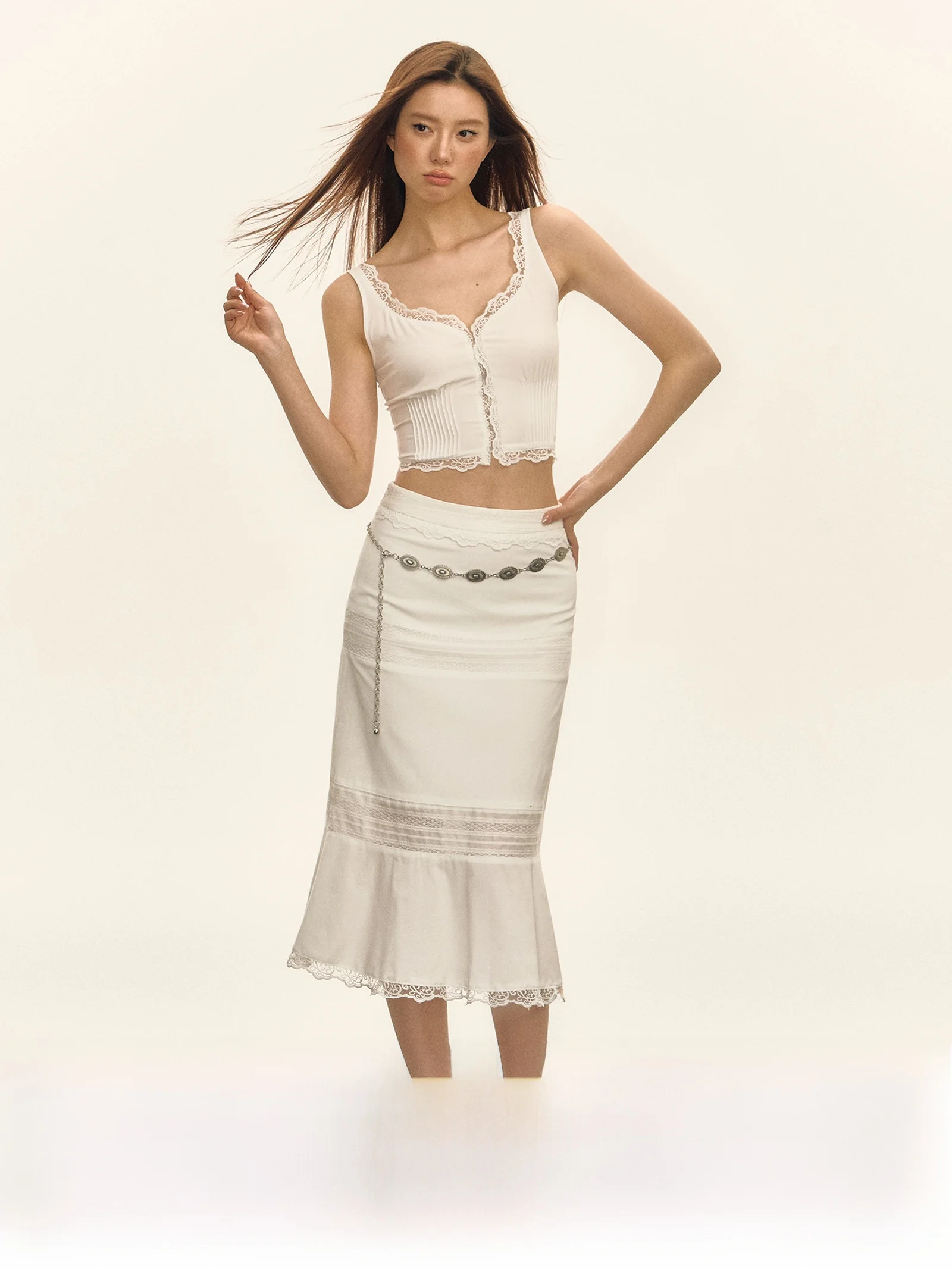 

Асеизм, американский ретро-дизайн, кружевной топ, юбка, женский летний новый комплект из двух предметов, уличный комплект с низкой талией, полиэфирная ткань