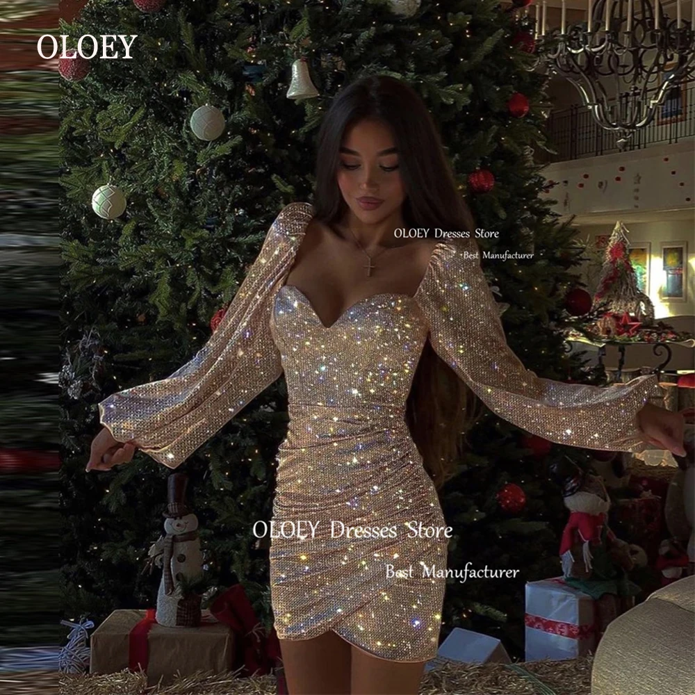 

OLOEY Sparkly Short Party Cocktail Dresses Long Sleeves Sweetheart Shiny Mini Sexy Evening Gowns Night Event Bling Dress