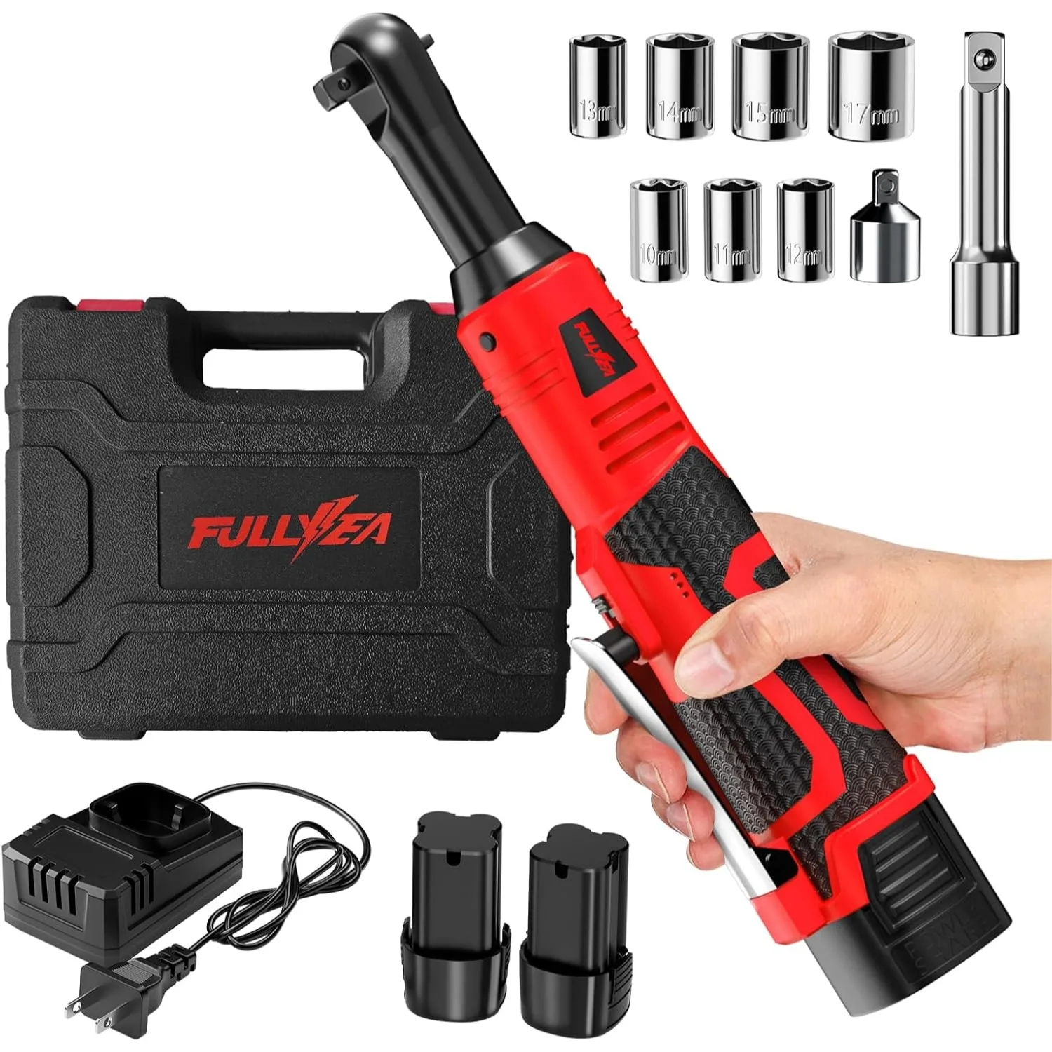 

Cordless Electric Ratchet Wrench Set, 40 Ft-lbs, 550 RPM, 3/8" Drive with Variable Speed, 1/4" Adapter, LED Light, 2x 2.0Ah