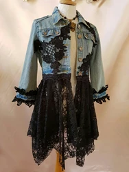 Streetwear Women Lace Hook Flower Hollow Out Patchwork Frayed Edges Hole Denim Jacket Summer 2024 Long Sleeve Casual Veste Femme