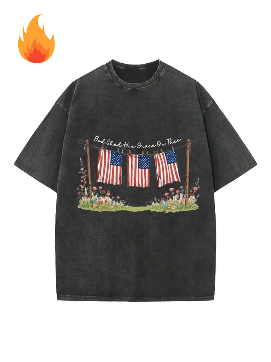 Unisex Vintage Washed Patriotic T Shirt American Flag Wildflower Graphic Print God Shed His Grace On Thee Short Sleeve Crew Neck Oversized Casual Summer Tops