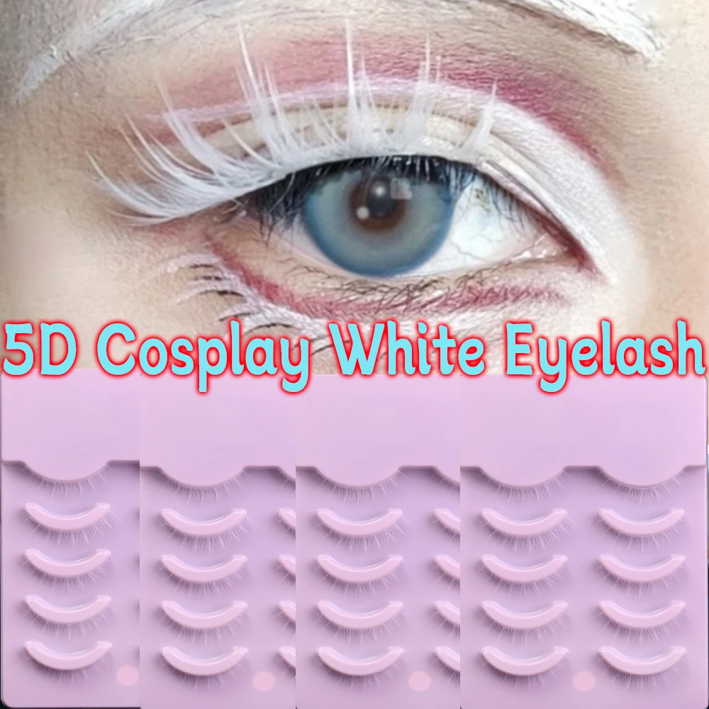 5 คู่/กรณี 3D ขนตาสีขาว Clear Band Snow สี Eye Lashes คอสเพลย์ฮาโลวีน Manga Lashes แต่งหน้า Up และ Lower Bottom Lashes