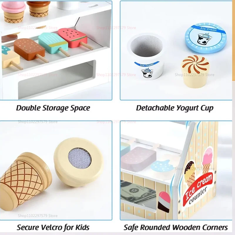 アイスクリームカウンタープレイセット 子供用 モンテッソーリ ごっこ遊び 食品おもちゃ キッチンアクセサリー コイン付き ロールプレイ 男の子 女の子 おもちゃ ギフト