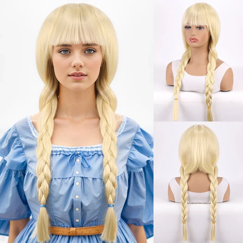 Dinner Party Clothing Match Woman Double Braids Lady Daily Dress Up Headwear Straight Bangs Headgear Anime Cosplay Wig Long Hair