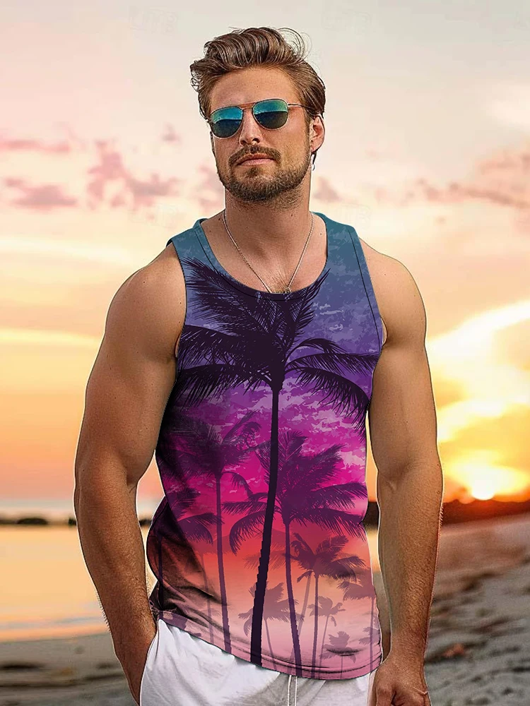 Hawaiian Style Men's Tank Top Summer Vacation Casual Top Seaside Loose Comfortable Men's Tank Top Creative Tropical Palm Pattern