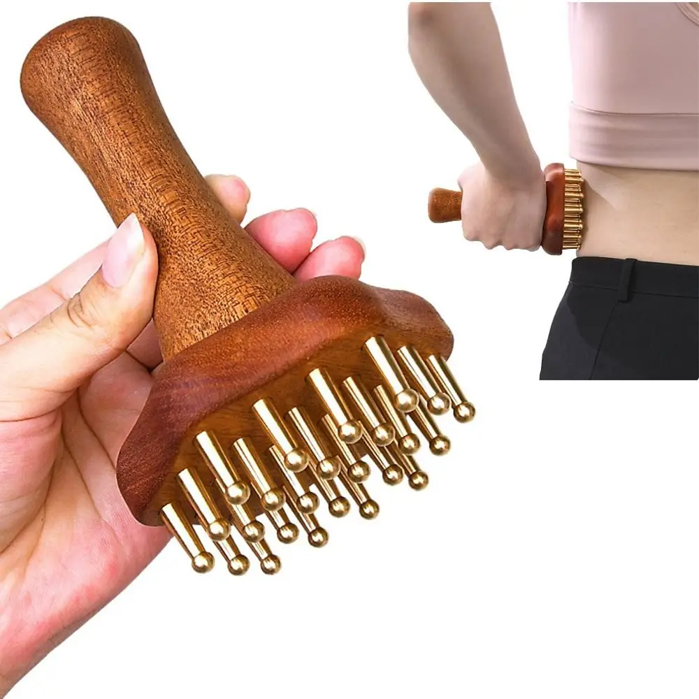 

Portable Wood Massage Brush Copper Head 24 Teeth Brass Gua Sha Massage Tool Skin Scraping Comfortable Body Sculpting Tool