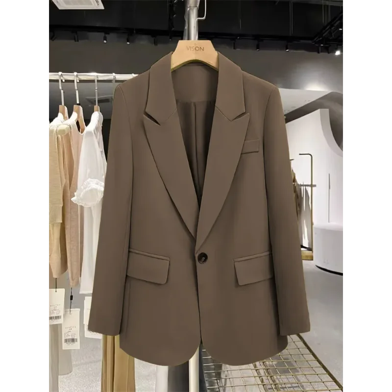 Brown Single-Breasted Blazer Women's Slim Fit Formal Office Classic Solid Color Work Outerwear
