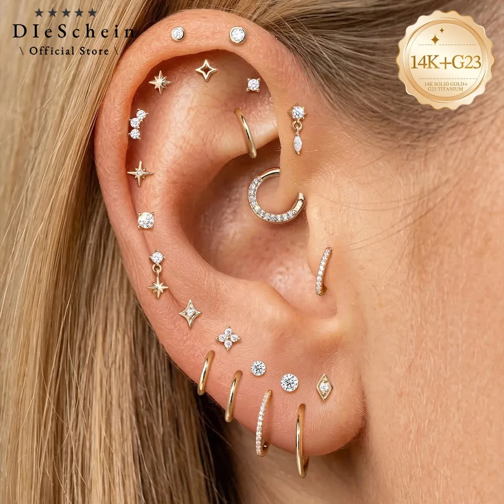 Imagen 4: Pendientes de Oro Sólido de 14K DIeSchein para Mujer, Pendientes de Lujo con Parte Trasera Plana de 18G para Piercings Helix, Tragus y Daith