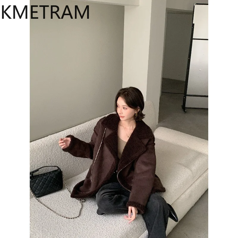 KMETRAM 100% Wool Jacket Women Fashion Loose Biker Coat 68cm Winter Sheep Shearing Coats High Quality Woman Clothing 2026 casaco