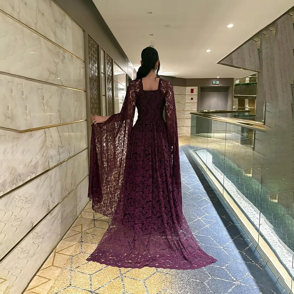Vestido de noite roxo para mulheres, sereia, pescoço quadrado, mangas compridas, renda, vestidos de noite drapeados, trem de varredura, vestidos de festa personalizados