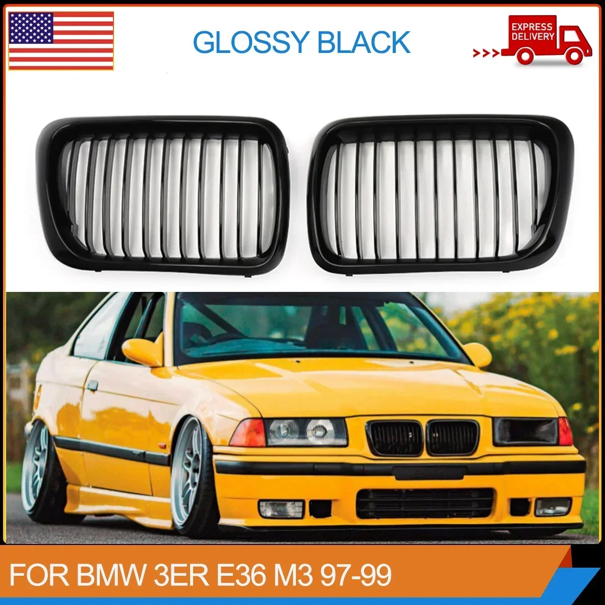 Front Hood Kidney Grille Grill Gloss Black High Quality ABS Plastic  For BMW 3 Series M3 E36 1996 1997 1998 1999