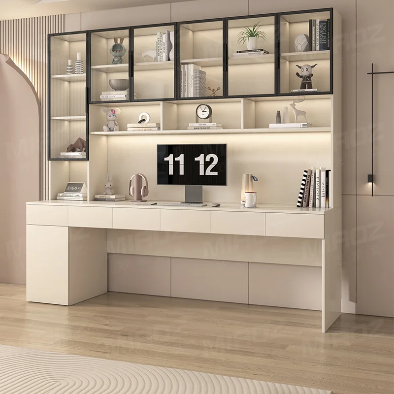 

Desk, bookshelf, integrated table combination, light luxury modern writing desk, solid wood desk, home double desktop computer