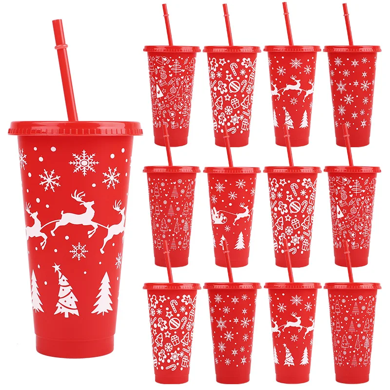 

5pcs 24oz Christmas Cup with Lids Straws Reusable Plastic Coffee Water Drinking Cups 2025 Christmas Holiday Gifts New Year 2026