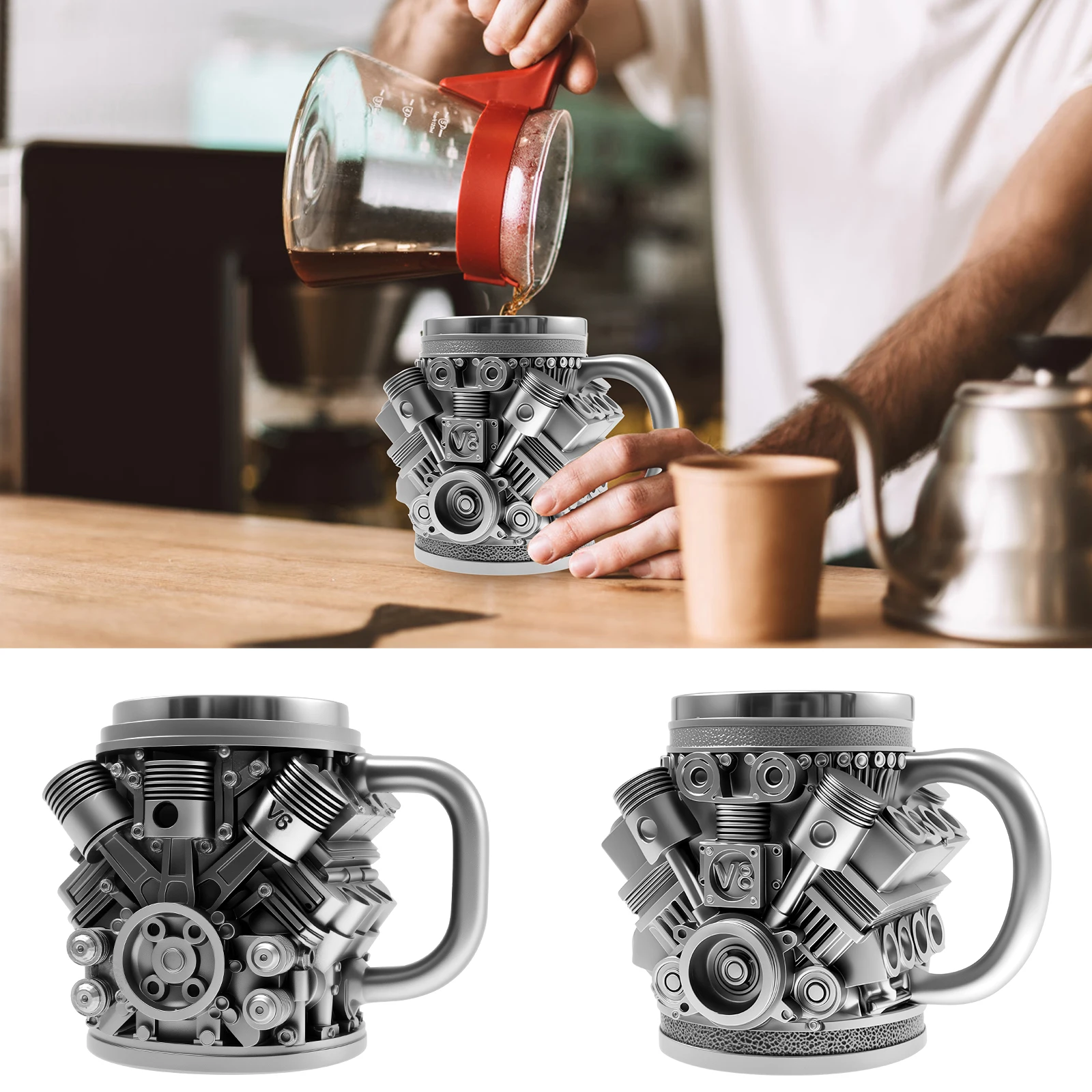 

Stainless Steel Cup V6/V8 Engine Coffee Mug Durable Rust-Proof 350ML Engines Design Mug with Handle for Car Enthusiasts