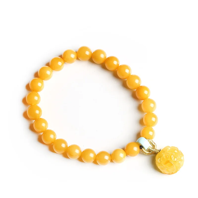 Natural Round Beeswax Bracelet 6.5mm with Amber South Turquoise Rose Beads Lucky Blessing Gifts