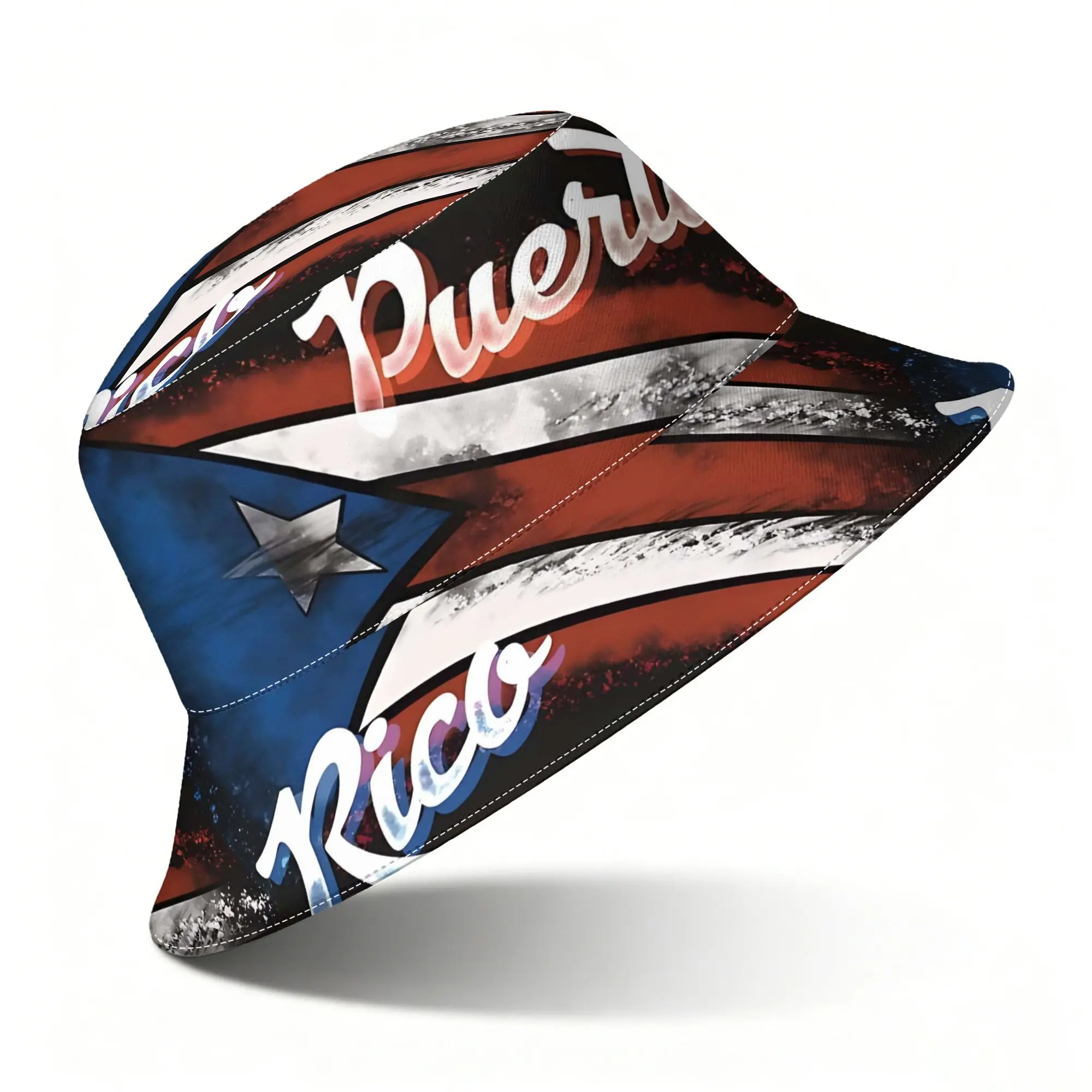 Customization Puerto Rico Flag Pattern With Distressed Typography And Gradient Texture Printed Bucket Hat, Unisex Casual Sun Hat