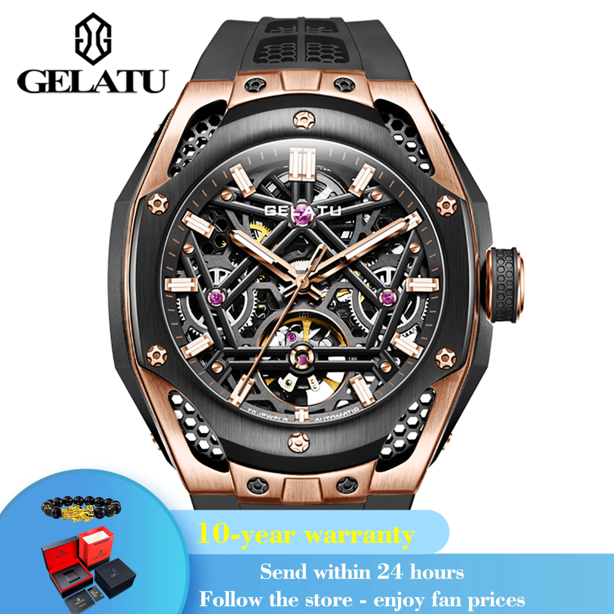 GELATU 6008 Synthetic Sapphire Mirror Man Mechanical Wristwatch Deep Waterproof Watch For Men Hollow Skeleton Automatic Watches