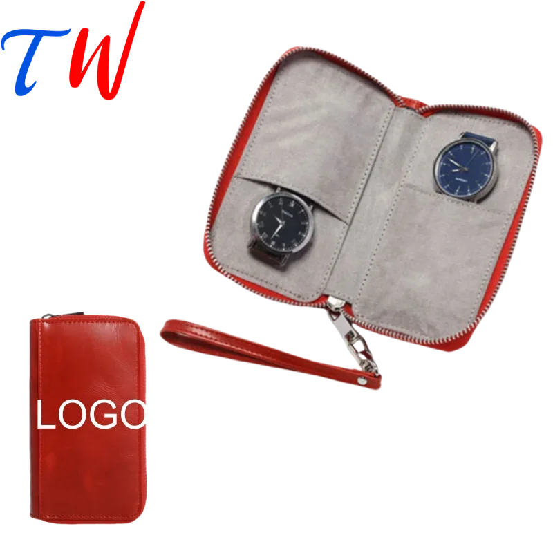 Red Personalization Watch Storage Bag Watch Organizer Travel Portable Zipper  Genuine Leather Watch Case Free Custom Logo OEM