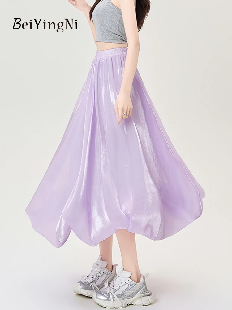 

Beiyingni Summer Puprle Women Midi Bud Skirt Casual Charming High Waist Umbrella Skirts for Woman Korean Chic Lining Long Faldas