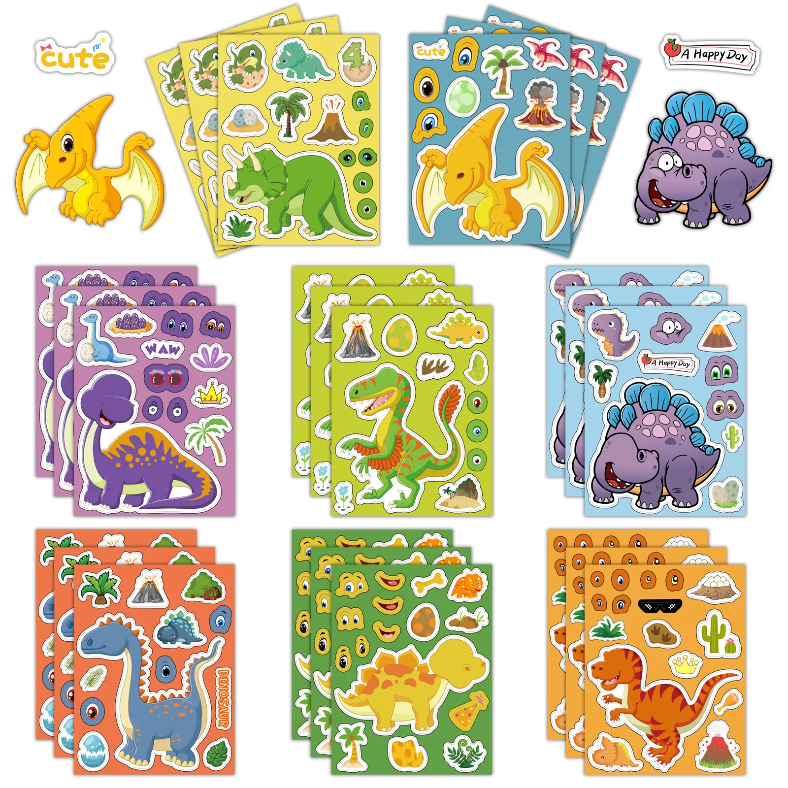8 Lembar Stiker Puzzle Dinosaurus Lucu Make-A-Face DIY Perakitan Stiker Tahan Air Bahan Akun Puzzle Anak-anak yang Menyenangkan