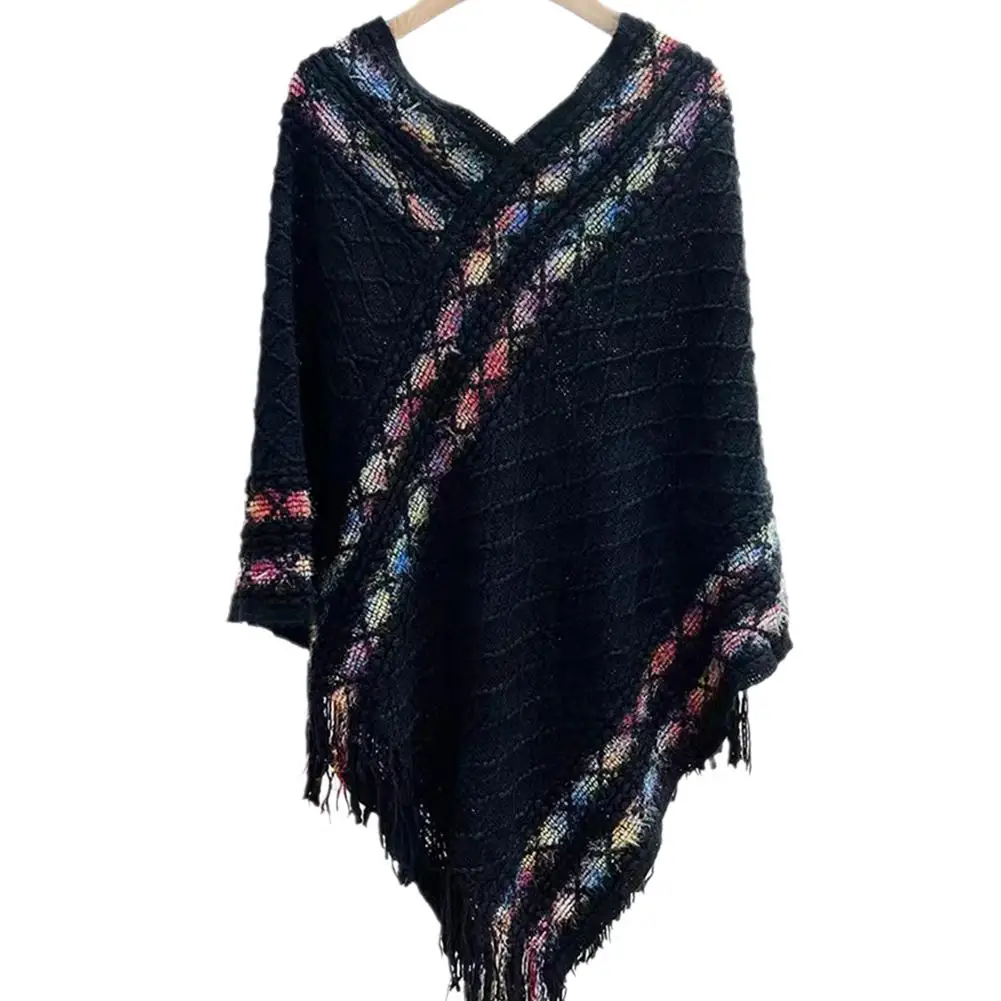 سترة نسائية كلاسيكية محبوكة فضفاضة ، شال عرقي ، شال شرابة فريد ، بلوفر كلاسيكي دافئ ، مريح ، C0D4