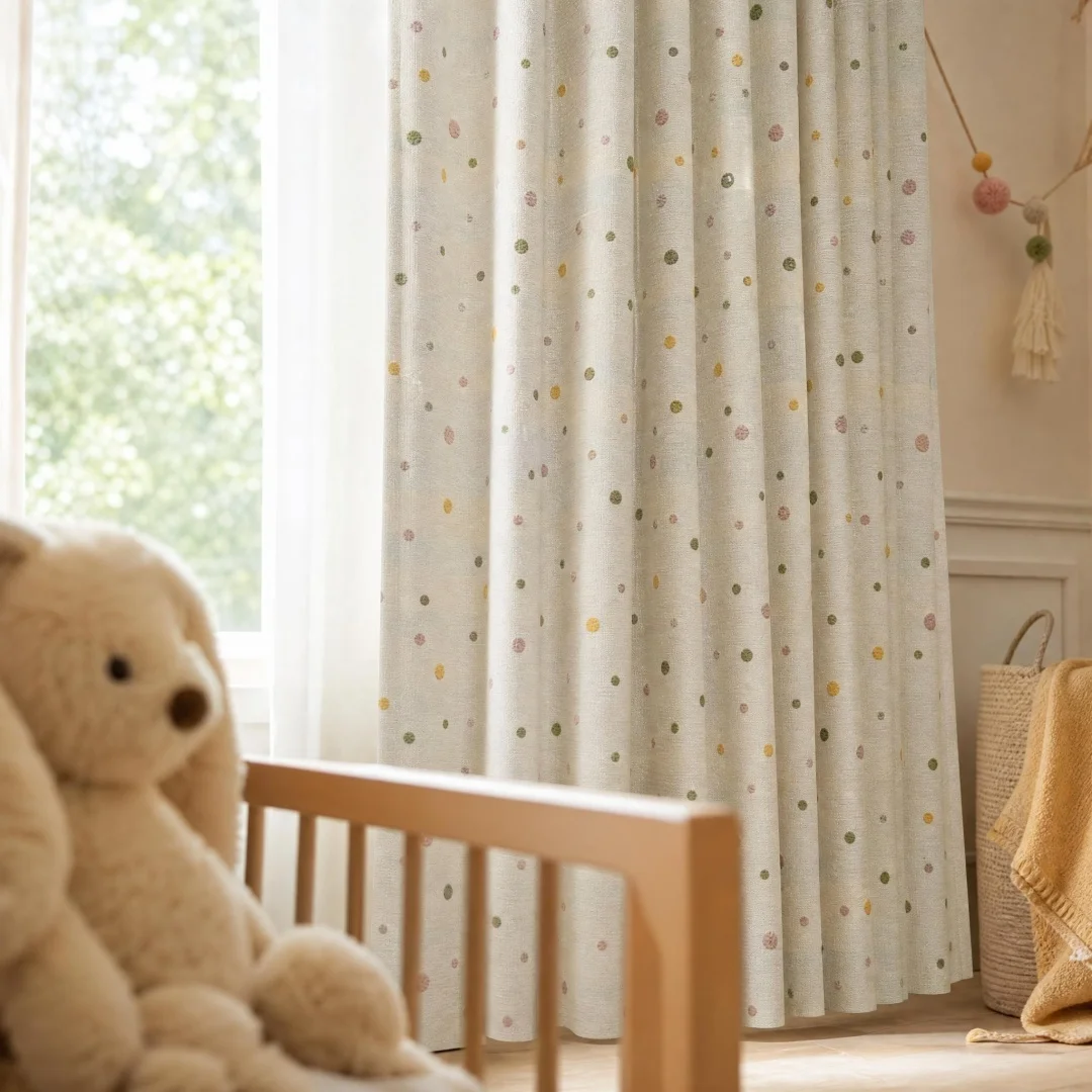 Linen Textured Curtains, Color Tufted Polka Dots Semi-Blackout Window Drapes for Kids Bedroom Living Room Home Decor
