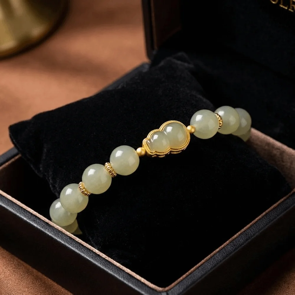 Chinese Style Hetan Jasper Bracelet Apricot Square Sugar Lotus Hotan Bracelet Elegant Retro Exquisite Elastic Wristband