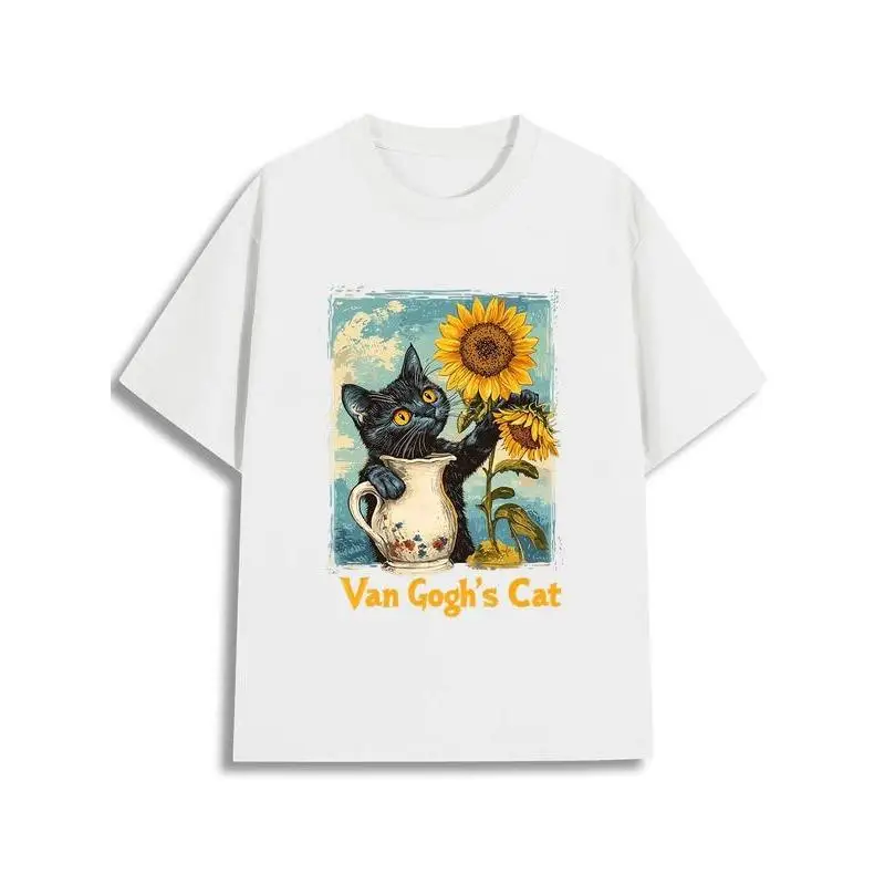 

"Van Gogh's Cat" Graphic T-Shirt for Women, Vintage Sunflower Art Tee, Cute Casual Top for Art Lovers and Cat Owners