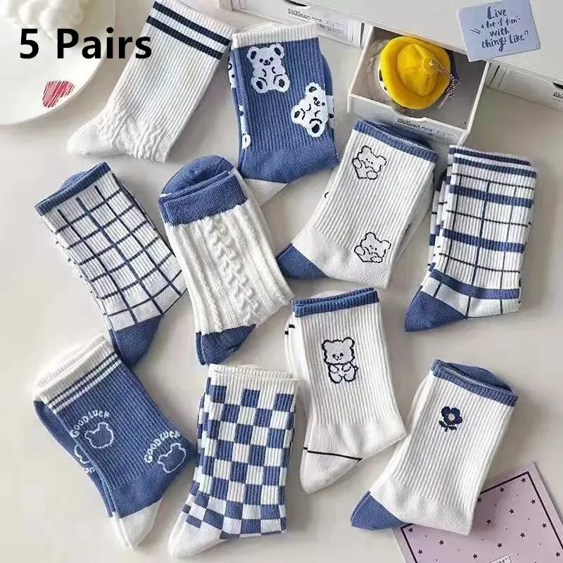 5 Pairs Women Socks Fashion Cute Cotton Breathable Socks Japanese Style Cute Rabbit Embroidery Casual Girls Sweet