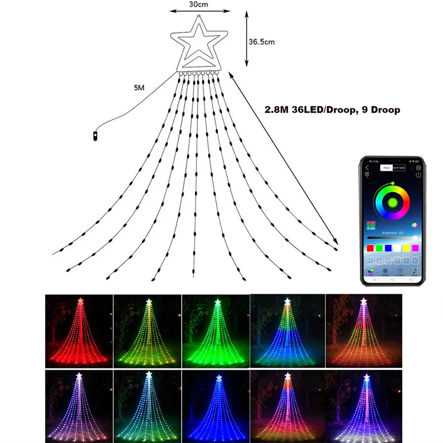 Guirxiété Lumineuse Extérieure RVB Intelligente, Étoile à Cinq Branches, Cascade, Décorations de Noël, Nouvel An, Mariage, 2024