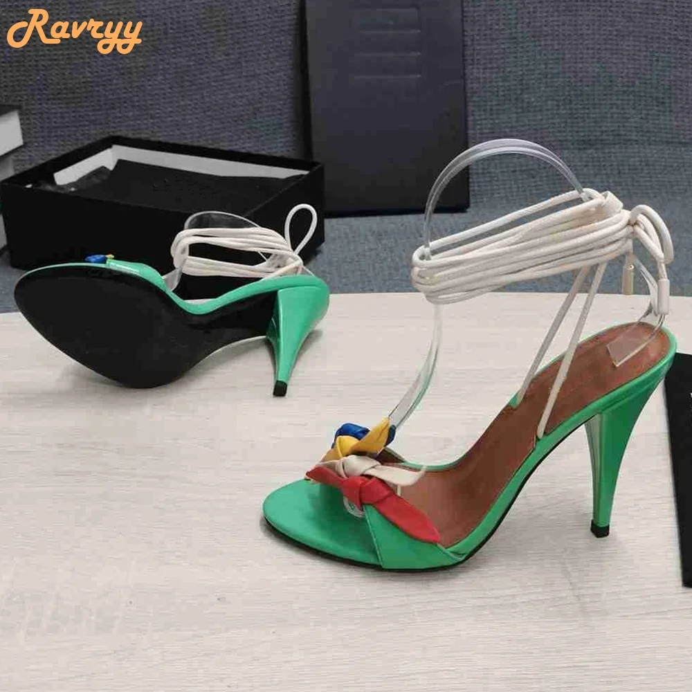 Green Red Ankle Strap Sandals Lace Up Stiletto Heel Open Toe Summer Fashion Sandals Women 2024 New Casual Luxury Sandals