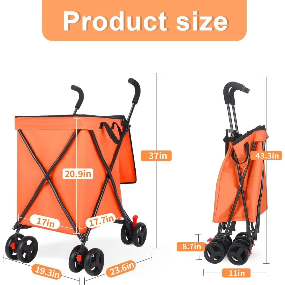 shopping cart with 360° rolling swivel wheels, portable utility cart for grocery, folding shopping carts with waterproof basket