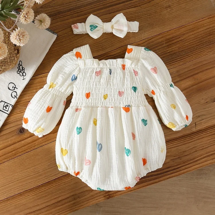 Autumn Baby Girls Long Sleeve Bodysuit Cute Colorful Heart Print Infant One Peice Bubble Sleeve Toddler Onesie with Headband
