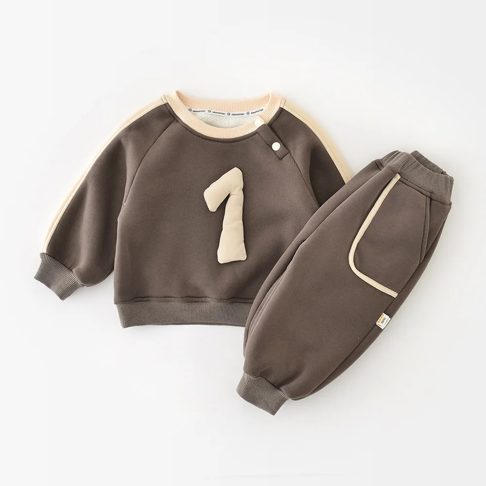 2025 شتاء جديد طفل ملابس طويلة الأكمام مجموعة الفتيان فتاة بلوزة من الصوف + السراويل 2 قطعة دعوى الرضع زائد المخملية سميكة الدافئة وتتسابق