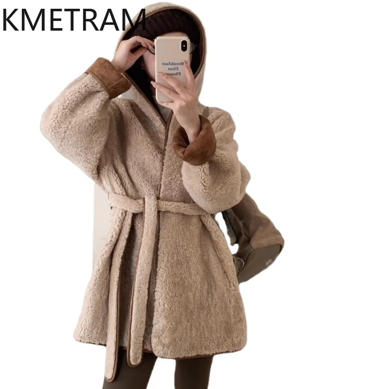 

KMETRAM 100% Natural Merino Sheepskin Wool with Hooded Fur Coat Woman Double Faced Outerwear Mid Length Winter Clothes 2025 шуба