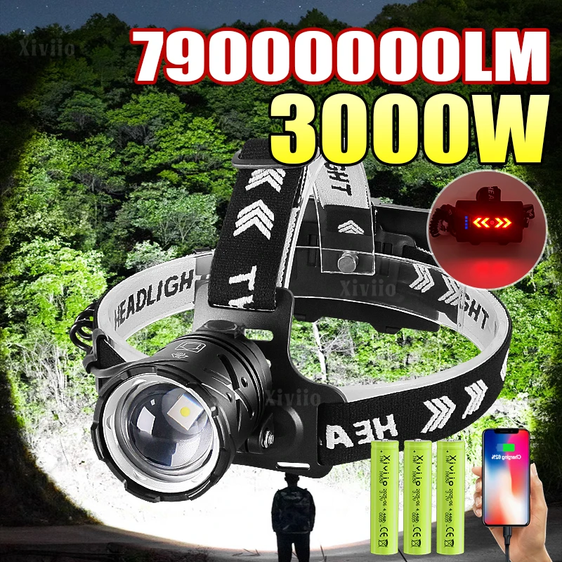 79000000LM 3000W Ultra Powerful LED Headlamp Super Bright Long Range 5km Head Flashlight Rechargeable Head Torch Fishing Hunting