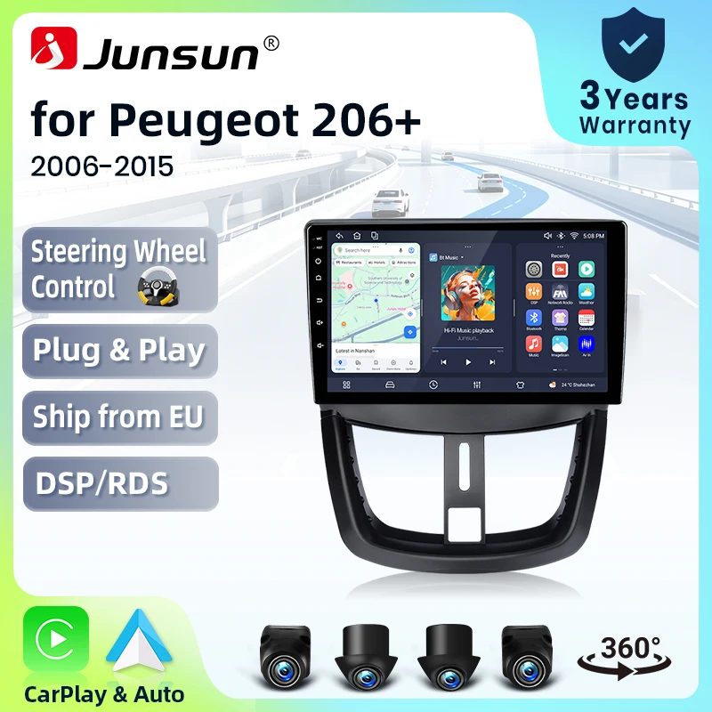Autoradio Junsun sans fil CarPlay Android Auto pour Peugeot 206+ (T3E) 2009-2013 avec ventilateur de refroidissement intégré, navigation GPS Android, lecteur multimédia, WiFi, DSP, RDS, BT, SWC, écran tactile IPS, autoradio, lecteur vidéo, unité principale, stéréo