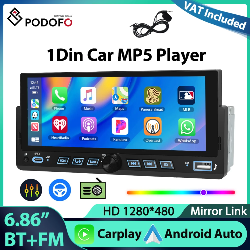 Podofo 6.86'' Lettore MP5 1Din con Carplay Wireless, Android Auto, Processore EQ, Mirror Link, FM, Porta USB, Bluetooth, LED, Audio per Auto