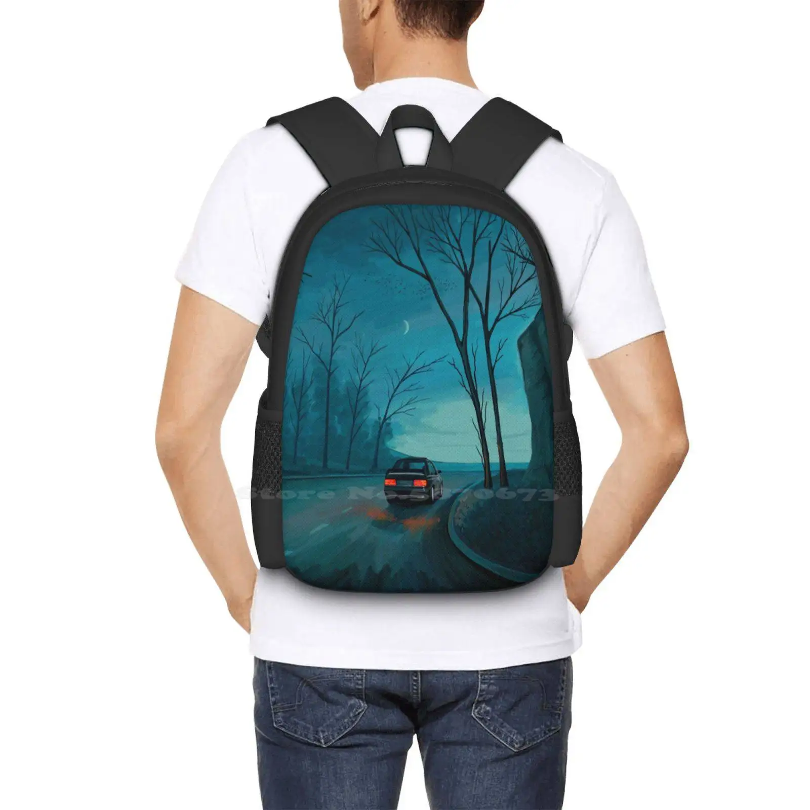 Mochila De paseo nocturno, bolsos de moda, paisaje nocturno, Luna, cielo azul, árboles rurales, naturaleza, bosque, negro, coche, carretera, gran oferta