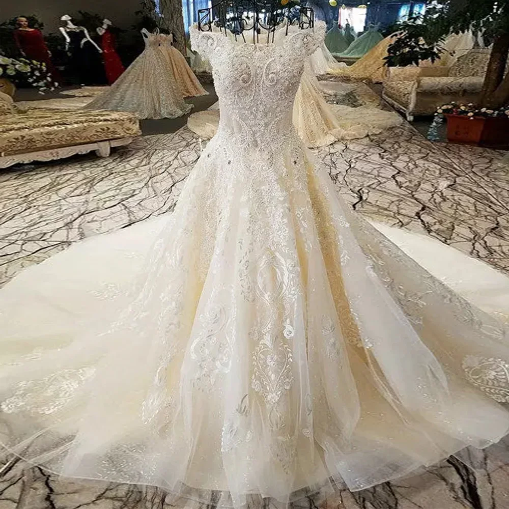 

Elegant Off the Shoulder Organza Appliques Beading Wedding Dresses Lace A-Line Sequined Exquisite Crystal Strapless Sweep Train