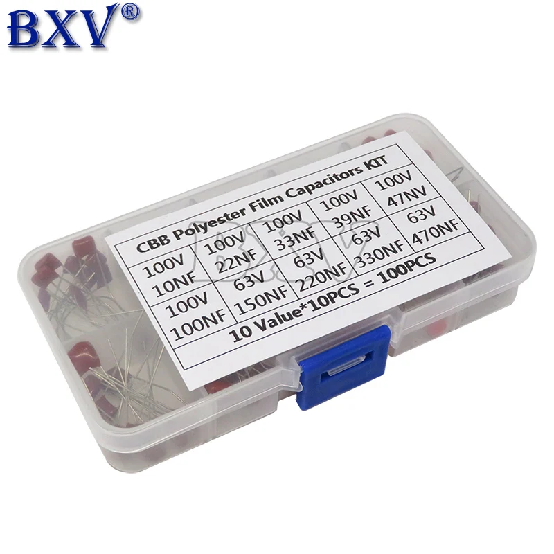 100PCS 10nF~470nF Metallized Polyester Film Capacitors Assortment Kit High Precision And Stability Samples CBB Capacitor Set