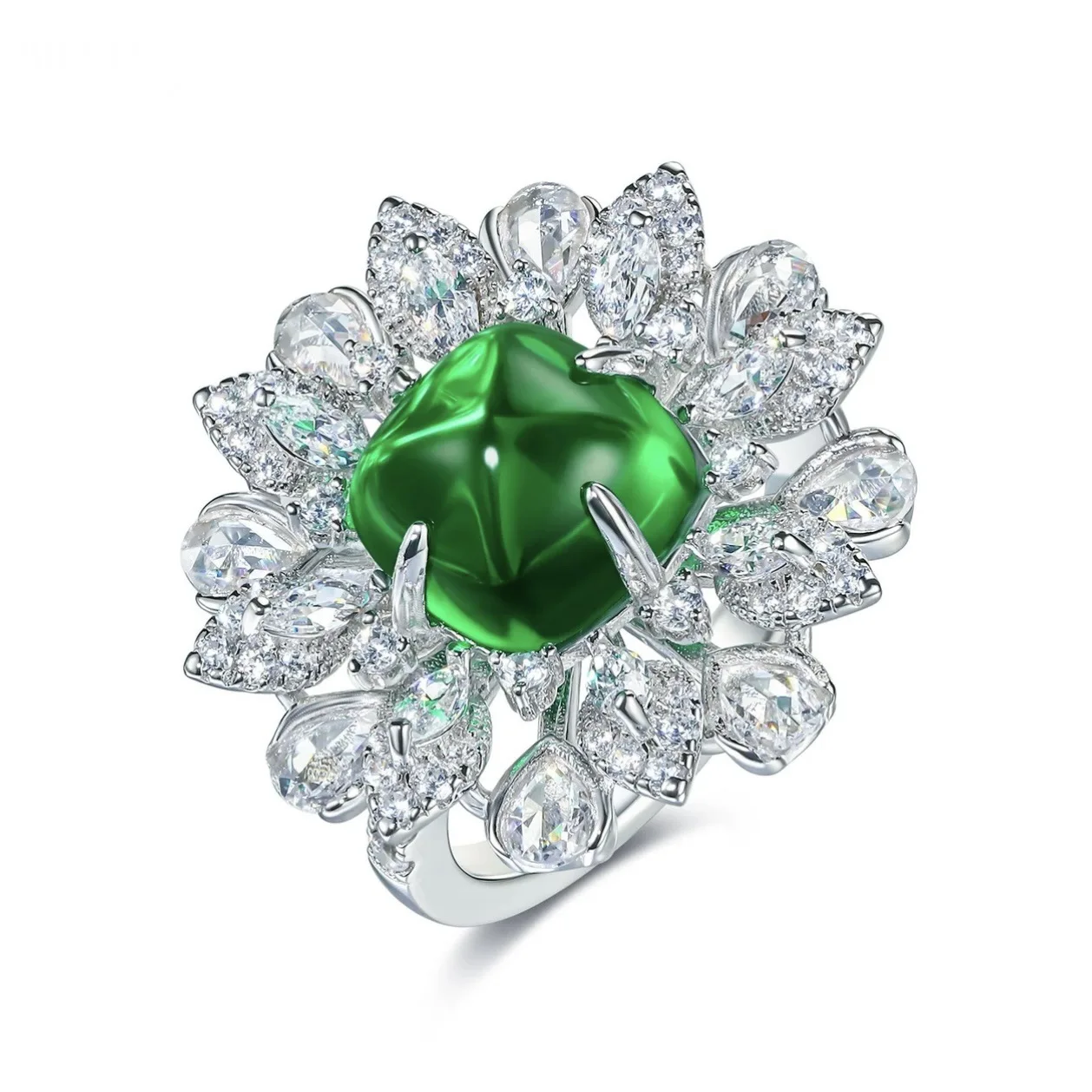 Luxury Women's Flower 925 Sterling Silver Ring Sugar-loaf Artificial Emerald Monet Garden Statement Fine Jewelry Engagement Gift